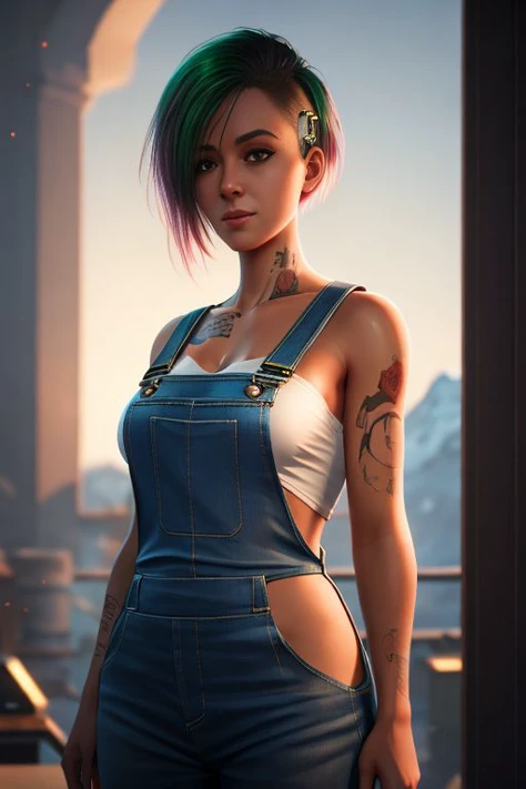 woman, medium breasts, overalls, masterpiece, best quality, highest quality, cinematic lighting, (volumetric lighting), extremely detailed CG unity 8k wallpaper, focused, 8k wallpaper, 4k wallpaper, extremely detailed, ultra realistic, photorealistic, sharp focus, absurdres, (HDR:1.2), (high contrast), photograph, detailed and intricate, instagram, portrait, highly detailed, digital painting, artstation, concept art, smooth, sharp focus, illustration, cinematic lighting, <lora:Judy:0.8>