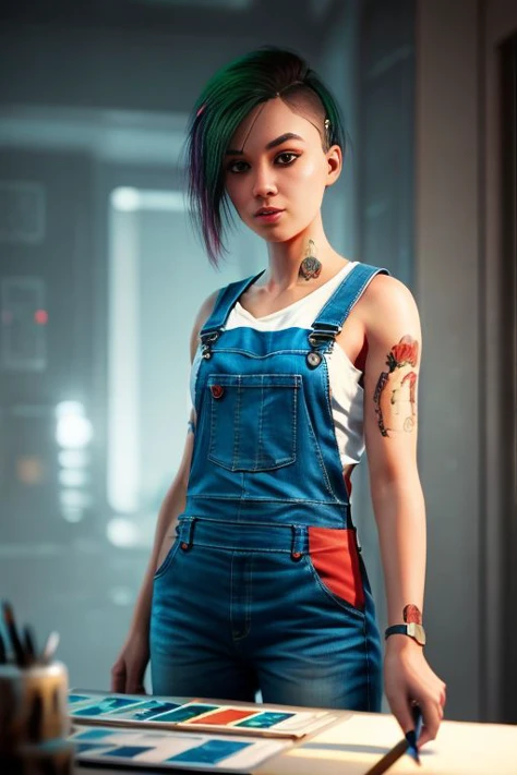 woman, medium breasts, overalls, masterpiece, best quality, highest quality, cinematic lighting, (volumetric lighting), extremely detailed CG unity 8k wallpaper, focused, 8k wallpaper, 4k wallpaper, extremely detailed, ultra realistic, photorealistic, sharp focus, absurdres, (HDR:1.2), (high contrast), photograph, detailed and intricate, instagram, portrait, highly detailed, digital painting, artstation, concept art, smooth, sharp focus, illustration, cinematic lighting, <lora:Judy:0.8>