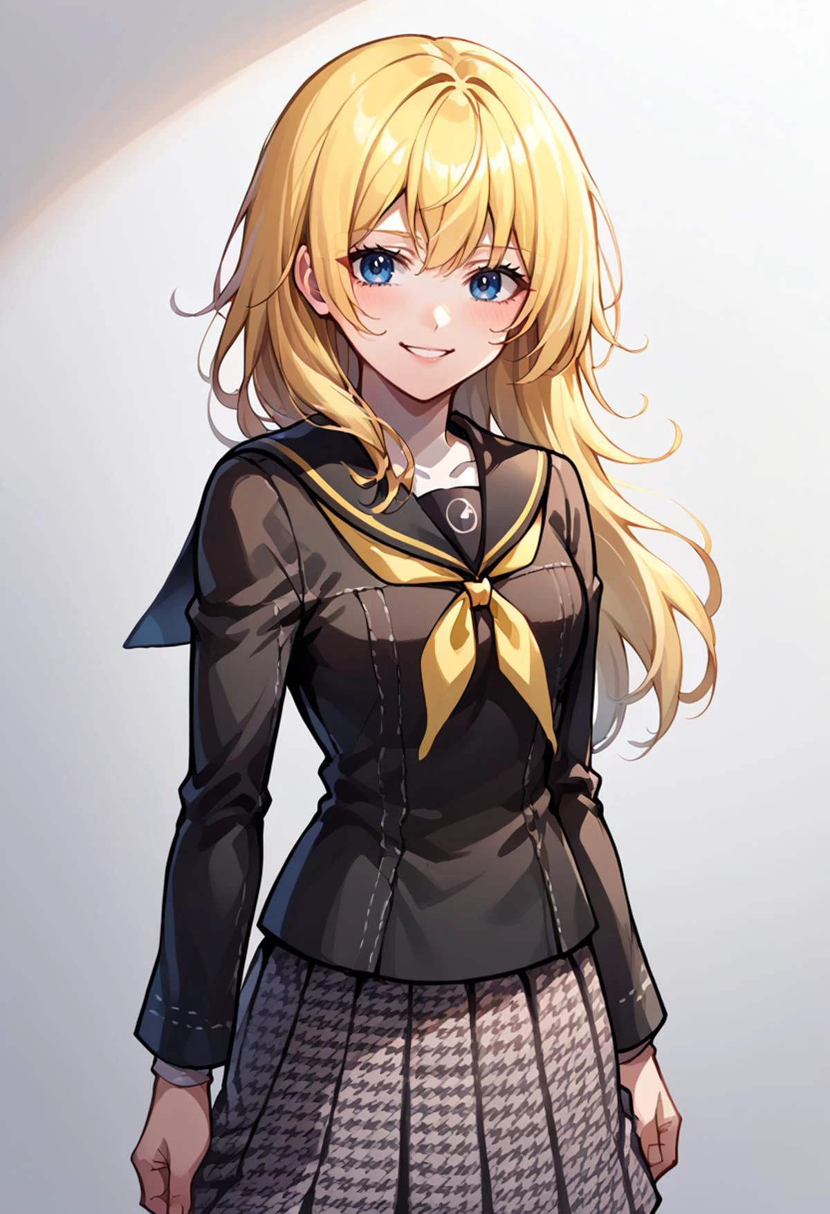 score_9, score_7_up, source_anime, highly detailed, BREAK <lora:Namine:1> namine, 1girl, blue eyes, blonde hair, long hair, smile, white room, <lora:ChamYasogamiSchoolUniformPonyXL:1> YasogamiFemaleWinter, black shirt, long sleeves, black sailor collar, yellow neckerchief, grey skirt,