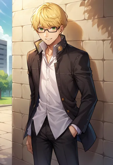 score_9, score_8_up, source_anime, 1boy, solo, blonde hair, green eyes, glasses, YasogamiMaleUniform, black jacket, dress shirt, black pants, smile, outdoors, leaning against wall, <lora:ChamYasogamiSchoolUniformPonyXL:1>