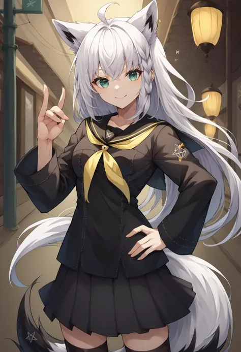 score_9, score_8_up, source_anime, fubuki, white hair, single side braid, ahoge, piercing, fox tail, YasogamiFemaleWinter, black shirt, long sleeves, black sailor collar, yellow neckerchief, grey skirt, black thighhighs, fox shadow puppet, hand on hip, smile, <lora:ChamYasogamiSchoolUniformPonyXL:1>, <lora:shirakami_fubuki_sdxl_pony-4:1>