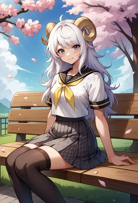 score_9, score_8_up, source_anime, 1girl, solo, white hair, blue eyes, long hair, messy hair, sheep girl, sheep horns, pale skin, YasogamiFemaleSummer, white shirt, short sleeves, black sailor collar, yellow neckerchief, grey skirt, black thighhighs, outdoors, sitting, on bench, cherry blossoms, smile, blush, <lora:ChamYasogamiSchoolUniformPonyXL:1>