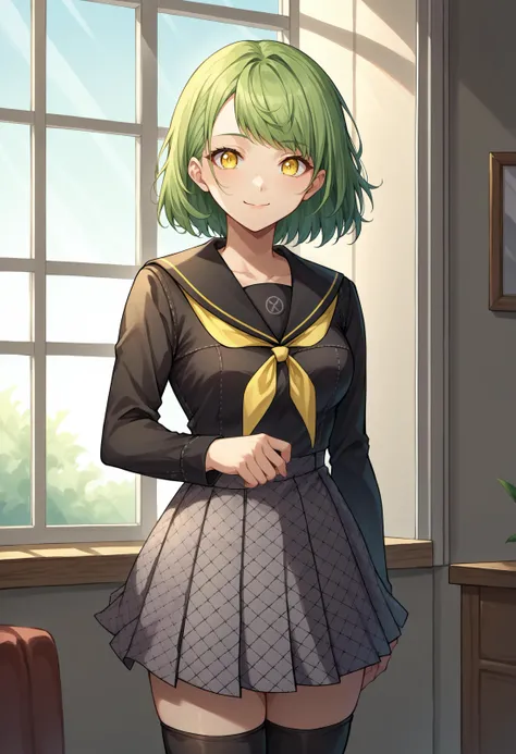 score_9, score_8_up, source_anime, 1girl, solo, green hair, medium hair, yellow eyes, medium breasts, YasogamiFemaleWinter, black shirt, long sleeves, black sailor collar, yellow neckerchief, grey skirt, black thighhighs, indoors, window, smile, <lora:ChamYasogamiSchoolUniformPonyXL:1>