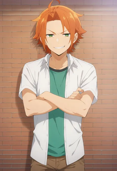 score_9, score_8_up, score_7_up, source_anime, 1boy, solo, standing, looking at viewer, crossed arms, straight-on, against wall, brick wall, kouichi_shindou, orange hair, green eyes, ahoge, short hair, bangs, parted bangs, smug, smirk, grin, layered clothes, white shirt, open shirt, t-shirt, brown pants, anime coloring, <lora:kouichi_shindou_pony:.85>