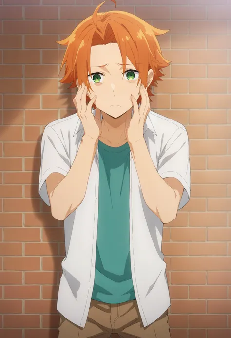 score_9, score_8_up, score_7_up, source_anime, 1boy, solo, standing, looking at viewer, hands up, hands on own face, straight-on, against wall, brick wall, kouichi_shindou, orange hair, green eyes, ahoge, short hair, bangs, parted bangs, sad, frown, tearing up, layered clothes, white shirt, open shirt, t-shirt, brown pants, anime coloring, <lora:kouichi_shindou_pony:.85>