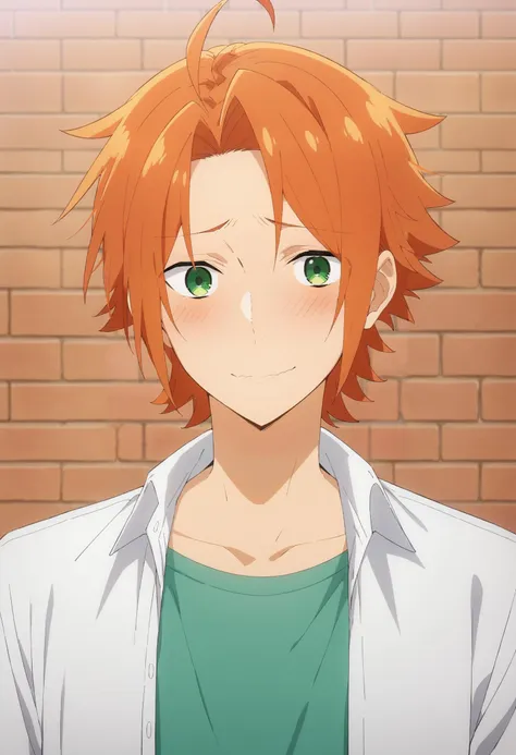 score_9, score_8_up, score_7_up, source_anime, 1boy, portrait, looking at viewer, brick wall, kouichi_shindou, orange hair, green eyes, ahoge, short hair, bangs, parted bangs, nervous smile, closed mouth, flustered, blush, layered clothes, white shirt, open shirt, t-shirt, anime coloring, <lora:kouichi_shindou_pony:.85>