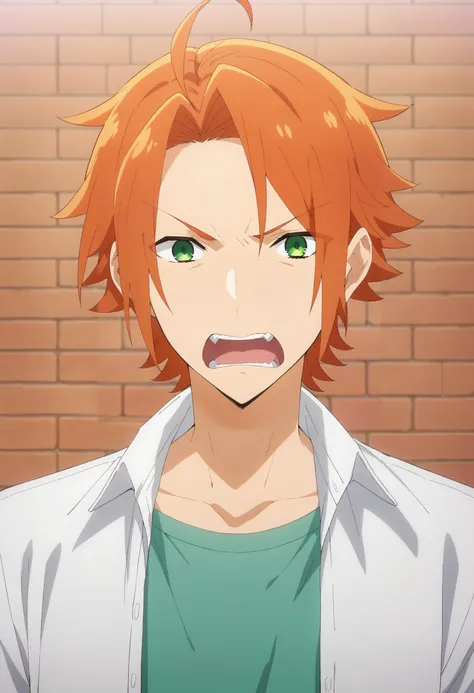 score_9, score_8_up, score_7_up, source_anime, 1boy, portrait, looking at viewer, brick wall, kouichi_shindou, orange hair, green eyes, ahoge, short hair, bangs, parted bangs, angry, open mouth, shouting, layered clothes, white shirt, open shirt, t-shirt, anime coloring, <lora:kouichi_shindou_pony:.85>