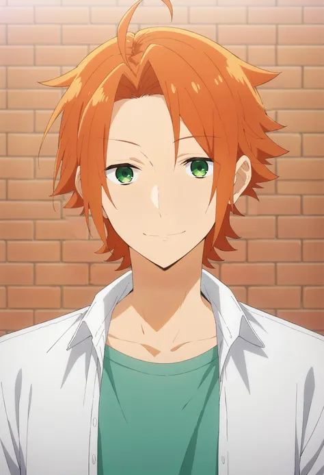 score_9, score_8_up, score_7_up, source_anime, 1boy, portrait, looking at viewer, brick wall, kouichi_shindou, orange hair, green eyes, ahoge, short hair, bangs, parted bangs, happy, light smile, layered clothes, white shirt, open shirt, t-shirt, anime coloring, <lora:kouichi_shindou_pony:.85>