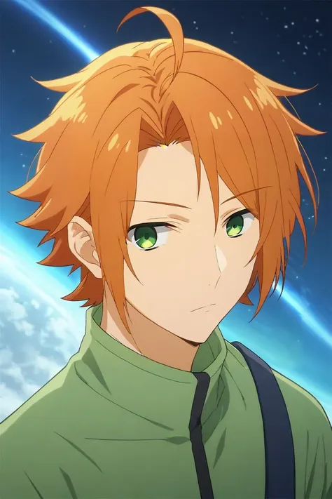 score_9, score_8_up, score_7_up, source_anime, rating_safe, , semi-realistic, looking at viewer, , , 1boy, solo, male focus, <lora:kouichi_shindou_pony:0.86>, kouichi_shindou, orange hair, green eyes, ahoge, short hair, bangs, parted bangs, , space opera, , <lora:sdxl_lightning_8step_lora:1>