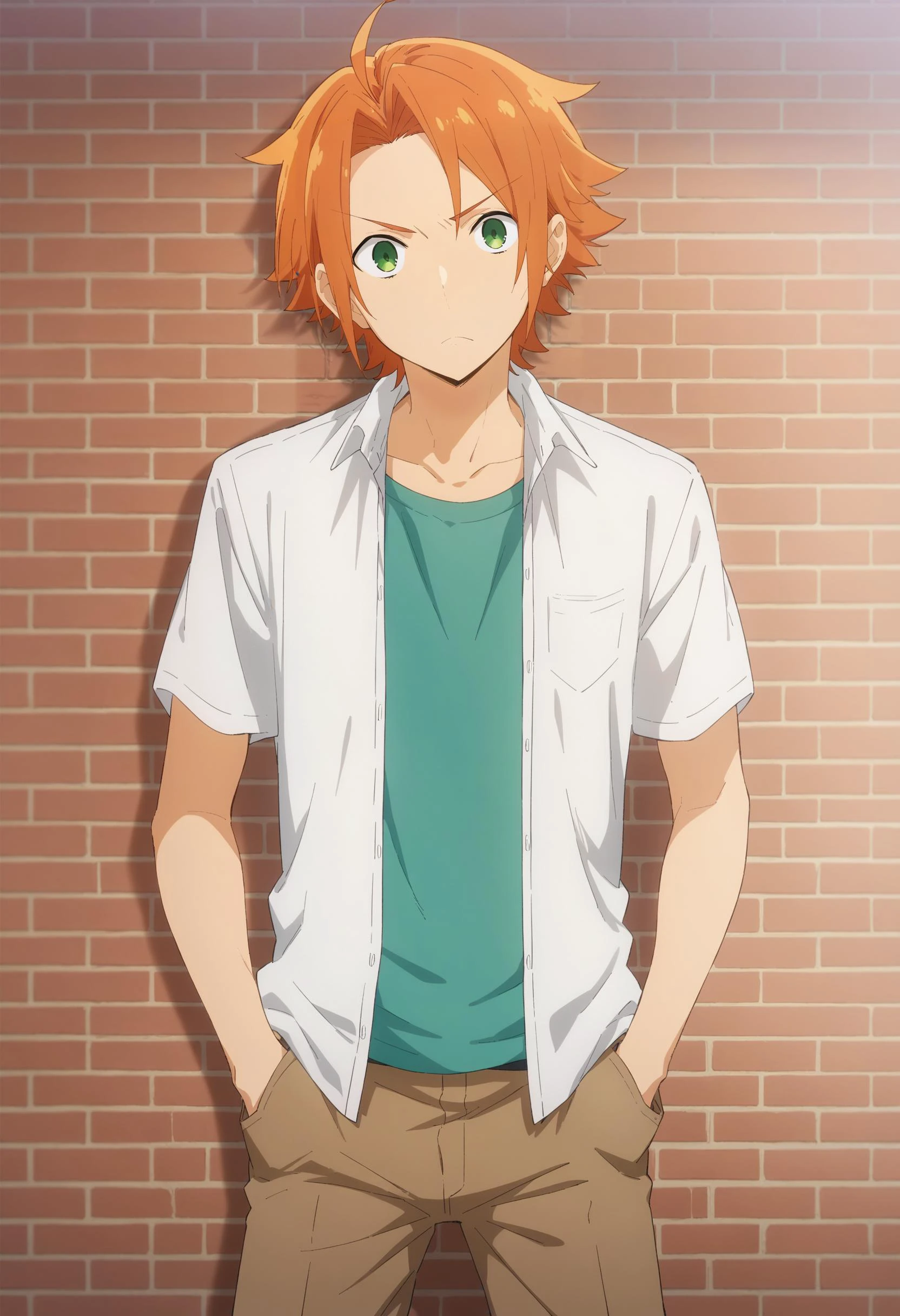 score_9, score_8_up, score_7_up, source_anime, 1boy, solo, looking at viewer, (head tilt), straight-on, hands in pocket, against wall, brick wall, kouichi_shindou, orange hair, green eyes, ahoge, short hair, bangs, parted bangs, annoyed, frown, wide-eyed, layered clothes, white shirt, open shirt, t-shirt, brown pants, anime coloring, <lora:kouichi_shindou_pony:.85>