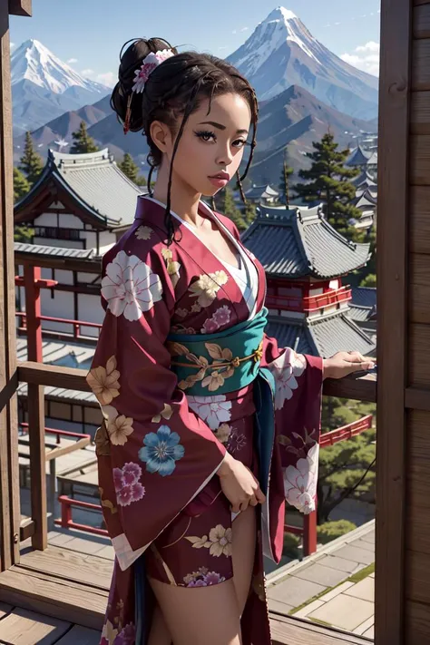 (masterpiece:1.2), ultra detailed, <lora:kiranoir3:0.6>, kiranoir, kimono, japanese castle, close, outside, persistent stare, mountains, best quality, <lora:Addetail:0.7>