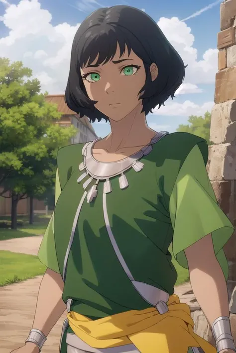 avataropal, <lora:avatar opal-lora-nochekaiser:1>,
opal, short hair, black hair, (green eyes:1.2), dark skin, dark-skinned female,
BREAK jewelry, pants, necklace, green shirt, green footwear,
BREAK outdoors, forest, nature, grass, trees, sun, sky, clouds,
BREAK looking at viewer, (cowboy shot:1.5),
BREAK <lyco:GoodHands-beta2:1>, (masterpiece:1.2), best quality, high resolution, unity 8k wallpaper, (illustration:0.8), (beautiful detailed eyes:1.6), extremely detailed face, perfect lighting, extremely detailed CG, (perfect hands, perfect anatomy),