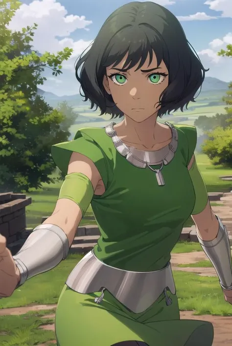 avataropal, <lora:avatar opal-lora-nochekaiser:1>,
opal, short hair, black hair, (green eyes:1.2), dark skin, dark-skinned female,
BREAK jewelry, pants, necklace, green shirt, green footwear,
BREAK outdoors, forest, nature, grass, trees, sun, sky, clouds,
BREAK looking at viewer, (cowboy shot:1.5),
BREAK <lyco:GoodHands-beta2:1>, (masterpiece:1.2), best quality, high resolution, unity 8k wallpaper, (illustration:0.8), (beautiful detailed eyes:1.6), extremely detailed face, perfect lighting, extremely detailed CG, (perfect hands, perfect anatomy),