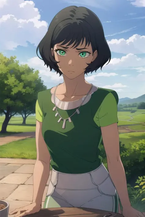 avataropal, <lora:avatar opal-lora-nochekaiser:1>,
opal, short hair, black hair, (green eyes:1.2), dark skin, dark-skinned female,
BREAK jewelry, pants, necklace, green shirt, green footwear,
BREAK outdoors, forest, nature, grass, trees, sun, sky, clouds,
BREAK looking at viewer, (cowboy shot:1.5),
BREAK <lyco:GoodHands-beta2:1>, (masterpiece:1.2), best quality, high resolution, unity 8k wallpaper, (illustration:0.8), (beautiful detailed eyes:1.6), extremely detailed face, perfect lighting, extremely detailed CG, (perfect hands, perfect anatomy),