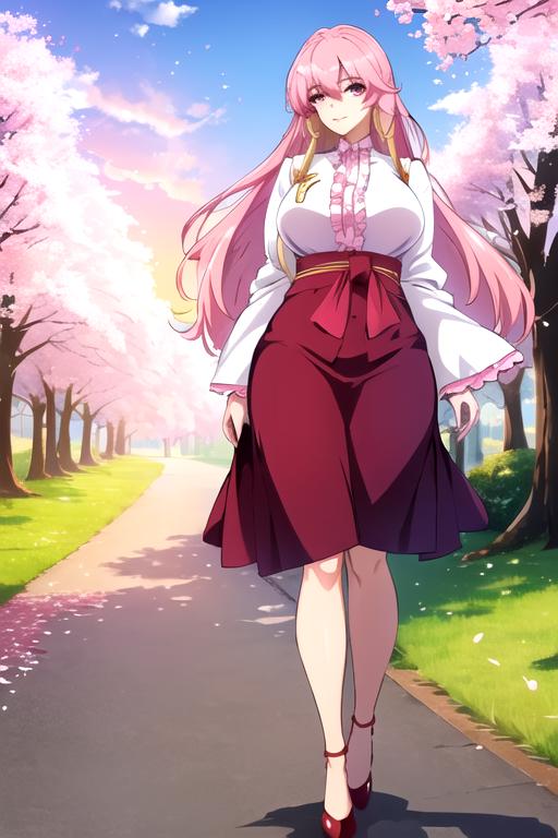 A woman in a skirt and a white shirt walking down a path - SeaArt AI