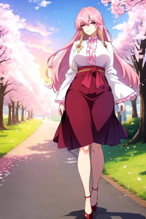 (masterpiece), good quality, (good artist), absurdres, ultra high resolution, extremely detailed CG unity 8k wallpaper,
(extremely detailed), good color, Colorful, cinematic lighting, 8K, official art, lens flare, ray tracing, aesthetic,
<lora:Cattleya_Familiar_Zero-KK77-V1:0.7>, good anatomy, character design, (perfect woman body),
pink_hair, long_hair, frills, pink_eyes, hair_tubes,mature female, Beautiful Finger,Beautiful long legs, 
Beautiful body, Beautiful Nose, Beautiful character design, perfect eyes, perfect face,
(Beautiful,large_Breasts:1.4), (beautiful_face:1.5),(narrow_waist),
smile, light blush, infatuated, parted lips, (detailed clothing), white kimono, bare back, beautiful lips, covered breasts, (covered ass), [bare legs], (Red heels), (viewer looking at woman from behind), [[woman crossed arms from behind back]], (woman looks behind himself), [woman looking at viewer], woman is walking before viewer, on a walk, old stone pathway in middle of the image, woman walking on the pathway, in the background a forest of cherry blossoms, (many cherry blossoms), beautiful nature, [Japan], national park in Japan, in the middle of the park, great background, greet quality of cherry blossoms, (beautiful sunset), beatiful sky, [[blue sky]], great view, summer,