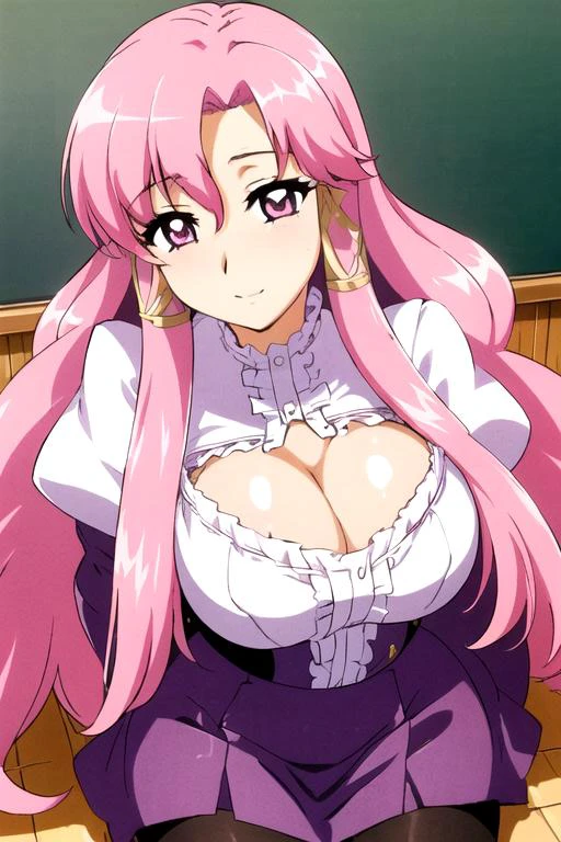 (masterpiece), good quality, (good artist), absurdres, ultra high resolution, (extremely detailed), good color,Colorful, perfect light, 8K, official art, lens flare, SFW, black_pantyhose, long_sleeves,white shirt, <lora:Cattleya_Familiar_Zero-KK77-V1:0.7>,Purple_Long_Skirt,
good anatomy, character design, one character, Solo, 1girl, 20yo, (perfect woman body), pink_hair, long_hair, frills, pink_eyes, hair_tubes, 1 girl, 20yo, mature female, Beautiful Finger,Beautiful long legs, Beautiful body, Beautiful Nose, Beautiful character design, perfect eyes,
perfect face, (Beautiful,large_Breasts:1.4), (beautiful_face:1.5),(narrow_waist),heart hands, heart, leaning forward, classroom, chalkboard in the background,