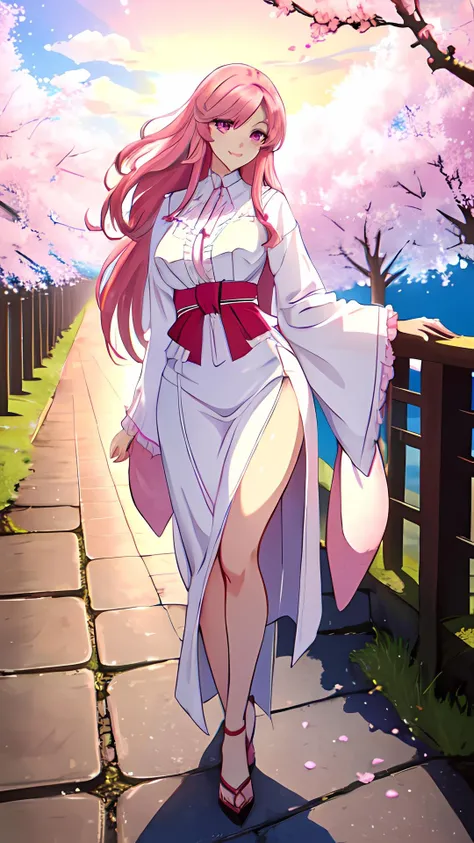 masterpiece, high quality, best quality,  official art, good artist, (high resolution), perfect light, perfect photography, great color, ((extremely detailed)), (SFW), good anatomy, <lora:Cattleya_Familiar_Zero-KK77-V1:0.7>, perfect body, perfect woman body, 1woman in the middle of the image, 1mature female in the middle of the image, female age 20, mature male,  ((solo)), anime, ((full body)), character concept, two arms, two legs, two hands, two feet, two ears, two eyes, two breasts, perfect eyes, one nose, perfect hair, perfect face, perfect breasts, perfect nose, beautiful eyes, good quality eyes, beautiful hair, beatiful face, beatiful lips, parted lips, beautiful breasts, beautiful nose, pink hair, long hair, pink eyes, thick hair, medium breasts, (flat belly), [[thick thighs]], smile, light blush, infatuated, (detailed clothing), white frilled beatiful dress to the height of the buttocks, bare back, covered nipples, covered breasts, (covered ass), [bare legs], (Red heels), (viewer looking at woman from behind), [[woman crossed arms from behind back]], (woman looks behind himself), [woman looking at viewer], woman is walking before viewer, on a walk, old stone pathway in middle of the image, woman walking on the pathway, in the background a forest of cherry blossoms, (many cherry blossoms), beautiful nature, [Japan], national park in Japan, in the middle of the park, great background, greet quality of cherry blossoms, (beautiful sunset), beatiful sky, [[blue sky]], great view, summer, [sundress],