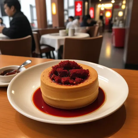 A photorealistic image of a 'ufocake' placed on a plate in a luxurious coffee shop setting. The cake should be freshly cut, revealing a rich, spicy hot pot filling that's brimming with vibrant red chili oil and sprinkled chili flakes. The ambiance of the coffee shop should exude elegance, with soft lighting, plush seating, and sophisticated decor. The plate holding the 'ufocake' should be finely crafted, complementing the lavishness of the dessert. The cross-section of the cake should be prominently displayed, showcasing the spicy hot pot ingredients inside, especially emphasizing the red chili oil and chili flakes<lora:ufocake:0.65>,((ufocake open))