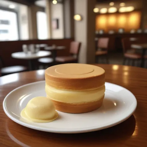 A photorealistic image of a 'ufocake' placed on a plate in a luxurious coffee shop setting. The cake should be freshly cut in half, revealing a rich, creamy custard center that looks tempting. The ambiance of the coffee shop should exude elegance, with soft lighting, plush seating, and sophisticated decor. The plate holding the 'ufocake' should be finely crafted, complementing the lavishness of the dessert,<lora:ufocake:0.65>,((ufocake open))