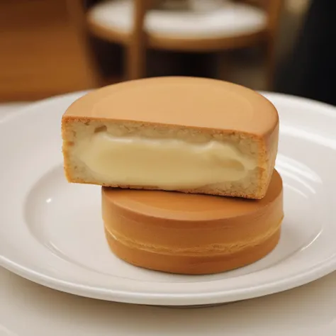 A photorealistic image of a 'ufocake' placed on a plate in a luxurious coffee shop setting. The cake should be freshly cut, revealing a rich, gooey creamy center that has a gelatinous consistency. The ambiance of the coffee shop should exude elegance, with soft lighting, plush seating, and sophisticated decor. The plate holding the 'ufocake' should be finely crafted, complementing the lavishness of the dessert. The cross-section of the cake should be prominently displayed, showcasing the thick and sticky texture of the filling,<lora:ufocake:0.65>,((ufocake open))