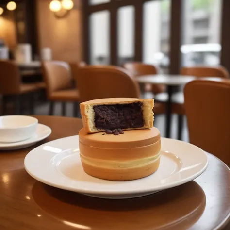 A photorealistic image of a 'ufocake' placed on a plate in a luxurious coffee shop setting. The cake should be freshly cut, revealing a rich, molten chocolate center that flows out decadently. The ambiance of the coffee shop should exude elegance, with soft lighting, plush seating, and sophisticated decor. The plate holding the 'ufocake' should be finely crafted, complementing the lavishness of the dessert,<lora:ufocake:0.65>,((ufocake open))