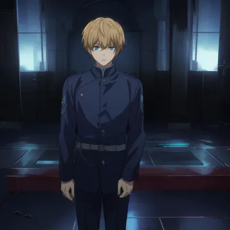 <lora:Ginga:0.6>, Ginga, anime, 2 boys, greeting, looking at viewer, uniform, gloom, blue light