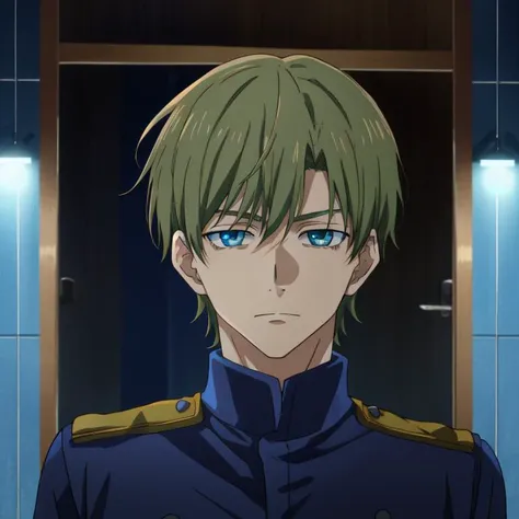 <lora:Ginga:0.6>, Ginga, anime, 2 boys, greeting, looking at viewer, uniform, gloom, blue light