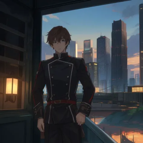(masterpiece:1.2), (high quality:1.2), <lora:Ginga:0.6>, Ginga, anime, city scape, skyline, rising sun, 2 boys, greeting, looking at viewer, detailed face, uniform