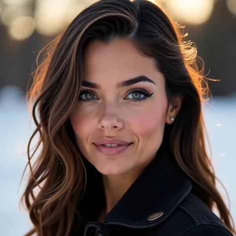 professional photo portrait of a beautiful mexican woman, natural brown, blue eyes, outside, winter, snow, sunshine, golden hour, ((dark eyeliner, eye shadow)), [[[lipstick]]]