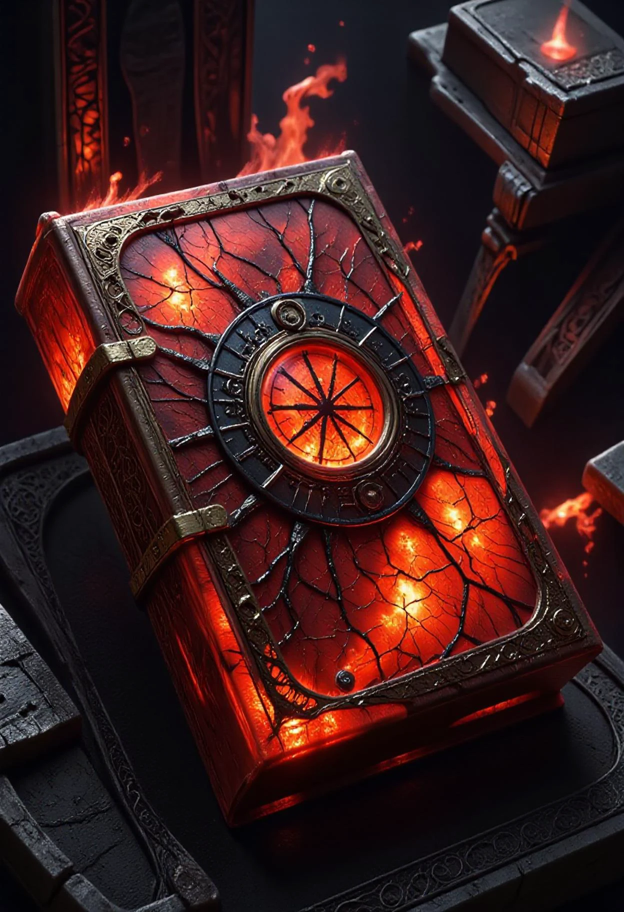 best_of The Octavo, kept in a secure, arcane chamber within Unseen University, appears wreathed in a powerful and sinister demonic aura, transforming its usual arcane glow into something dark and menacing. The once faintly glowing golden clasps are now blackened, pulsing with crimson energy, as if the very metal is alive and burning from within. The ancient leather cover is cracked and scorched, with veins of dark energy running through it like malevolent roots. The cryptic symbols on the pages twist and writhe, appearing to shift between languages, and the magical runes now flicker with infernal fire, glowing in deep shades of blood red and fiery orange.
The aura around the book crackles with dark energy, distorting the air around it. Shadows in the room grow deeper and more elongated, seeming to move on their own accord. The soft, ominous glow of the Octavo has intensified into an unnatural, fiery radiance, casting the room in an eerie red light. The arcane wards guarding the book shimmer more violently now, struggling to contain the infernal force that seeks to break free, and the ever-present hum of magic has turned into a low, menacing growl.