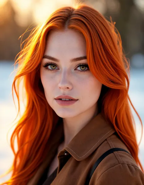 professional photo portrait of a beautiful woman, (red hair), (amber eyes), outside, winter, snow, sunshine, golden hour, ((dark eyeliner, eye shadow)), [[[lipstick]]]