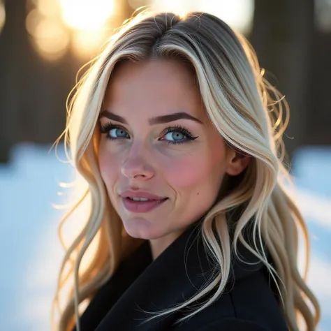 professional photo portrait of a beautiful German woman, natural blonde, blue eyes, outside, winter, snow, sunshine, golden hour, ((dark eyeliner, eye shadow)), [[[lipstick]]]