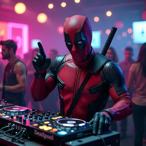 Deadpool hosts a wild, colorful rave party, spinning tunes as the main DJ in a neon-lit club. One hand inn the air pointing, His signature humor and fourth wall breaks keep the energy high while he expertly mixes tracks to create an unforgettable dance party experience