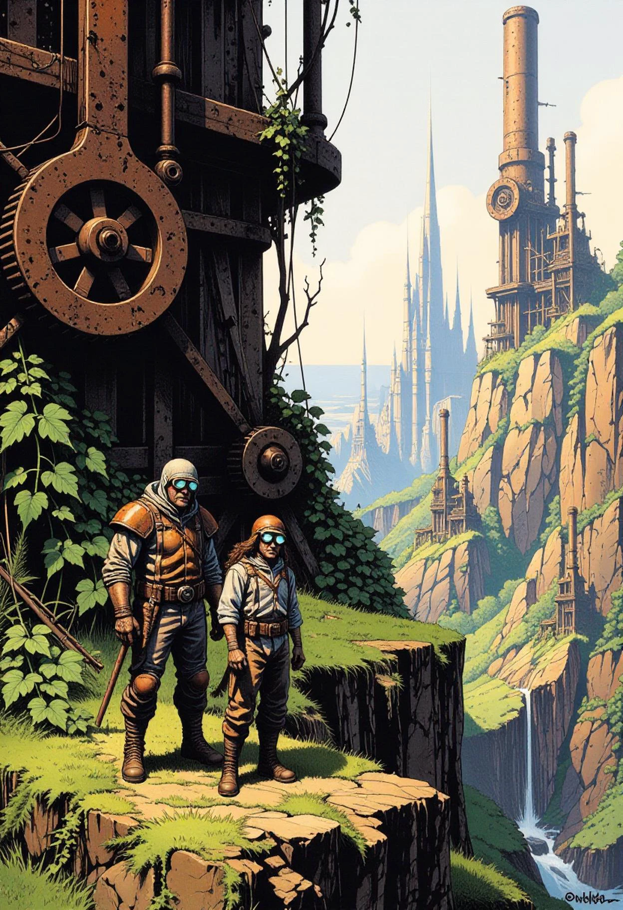 An illustration inspired by The Keepers of the Maser by Massimiliano Frezzato captures a rich blend of futuristic machinery and natural elements, set in a fantastical post-apocalyptic world. The scene is dominated by towering, rusted mechanical structuresâmassive gears, turbines, and crumbling towersâovergrown with lush vegetation. Vines wrap around metallic beams, and large trees rise through gaps in the ruined architecture, their roots intertwining with the decaying metal. In the background, jagged cliffs and rolling hills blend into a misty horizon, where distant mechanical citadels stand silhouetted against a muted sky.
The characters, drawn in a highly detailed, expressive style, wear ragged clothing mixed with remnants of advanced technologyâsteampunk-like goggles, patched armor, and mechanical prosthetics. They appear both resilient and weary, navigating this hybrid world of organic and mechanical decay. The color palette is earthy with muted greens, browns, and rusted reds, contrasted with the occasional flash of glowing blue or green from the remnants of ancient machinery still sparking with energy. The mood is melancholic yet full of wonder, hinting at lost civilizations and the mystery of forgotten technology.