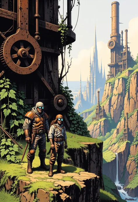 An illustration inspired by The Keepers of the Maser by Massimiliano Frezzato captures a rich blend of futuristic machinery and natural elements, set in a fantastical post-apocalyptic world. The scene is dominated by towering, rusted mechanical structuresâmassive gears, turbines, and crumbling towersâovergrown with lush vegetation. Vines wrap around metallic beams, and large trees rise through gaps in the ruined architecture, their roots intertwining with the decaying metal. In the background, jagged cliffs and rolling hills blend into a misty horizon, where distant mechanical citadels stand silhouetted against a muted sky.
The characters, drawn in a highly detailed, expressive style, wear ragged clothing mixed with remnants of advanced technologyâsteampunk-like goggles, patched armor, and mechanical prosthetics. They appear both resilient and weary, navigating this hybrid world of organic and mechanical decay. The color palette is earthy with muted greens, browns, and rusted reds, contrasted with the occasional flash of glowing blue or green from the remnants of ancient machinery still sparking with energy. The mood is melancholic yet full of wonder, hinting at lost civilizations and the mystery of forgotten technology.