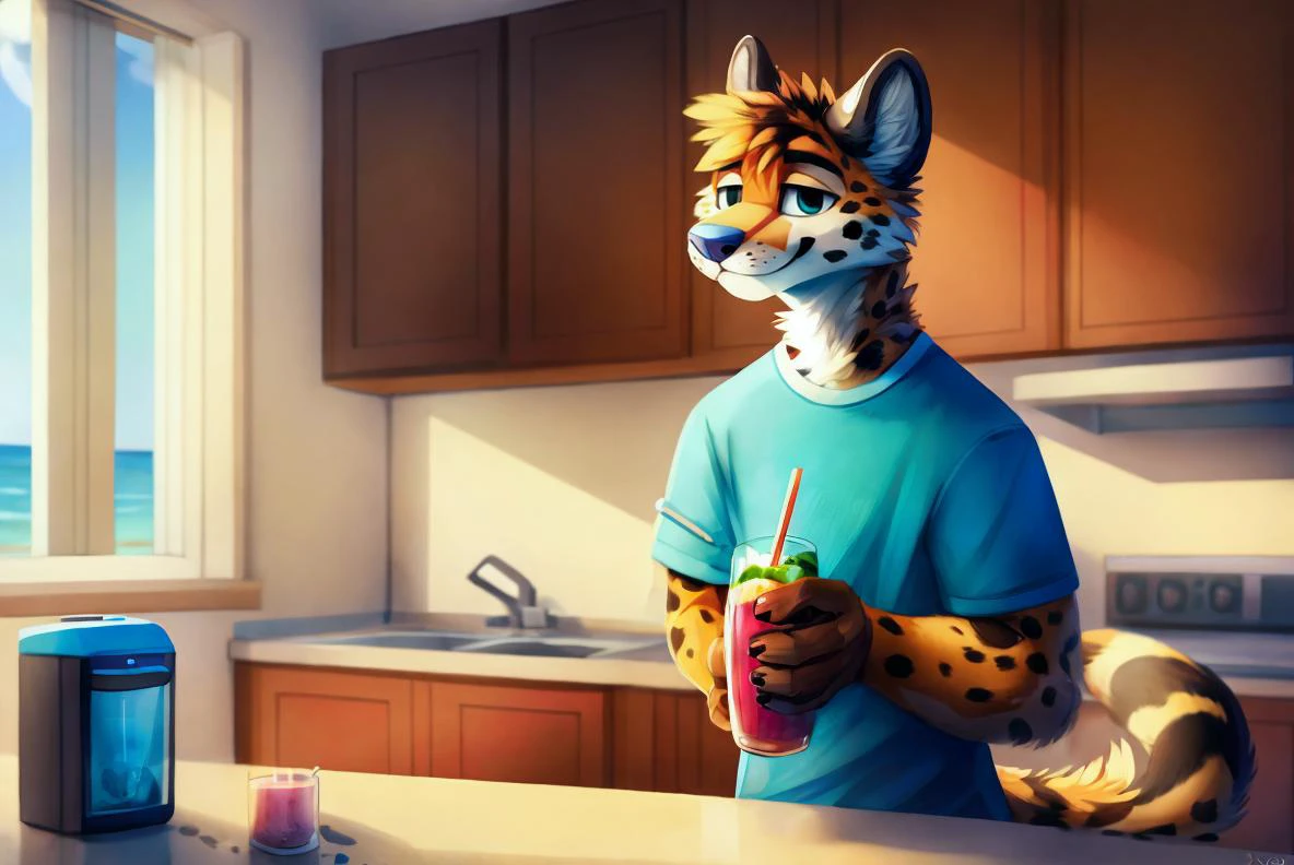 Digital painting in the style of furry art, ocelot, wearing a cyan shirt, making a smoothie with a blender, modern kitchen, interior apartment, floor to ceiling window looking at the beach, day time, sunny, Realistic details.HD, detailed, high quality, <lora:Jacato:1> by jacarto, art by jacato,