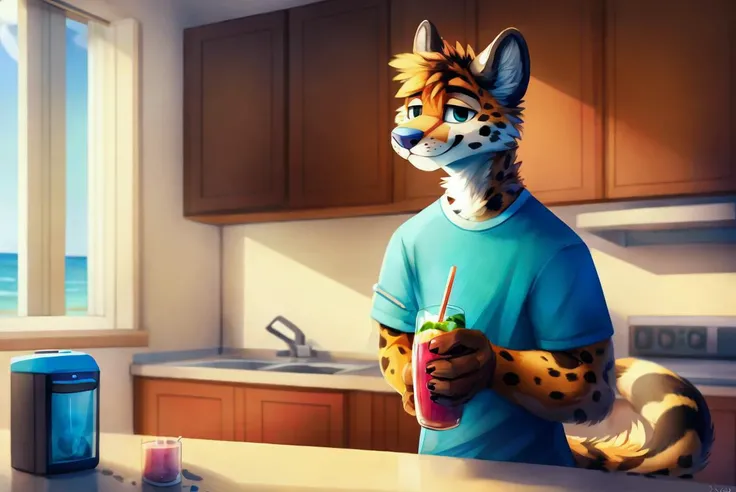 Digital painting in the style of furry art, ocelot, wearing a cyan shirt, making a smoothie with a blender, modern kitchen, interior apartment, floor to ceiling window looking at the beach, day time, sunny, Realistic details.HD, detailed, high quality, <lora:Jacato:1> by jacarto, art by jacato,