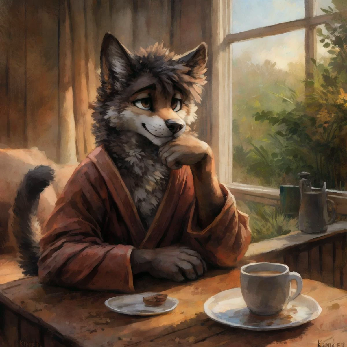 uploaded on e621, (((by kenket))),
Furry male cat, white and grey fur, wearing red bath robe, tired, drowsy eyes, just woke up, messy hair, holding a cup of coffee, white mug, tail, paws, white background. simple background
<lora:Jacato:0.8> jacota , by jacato, art by jacato