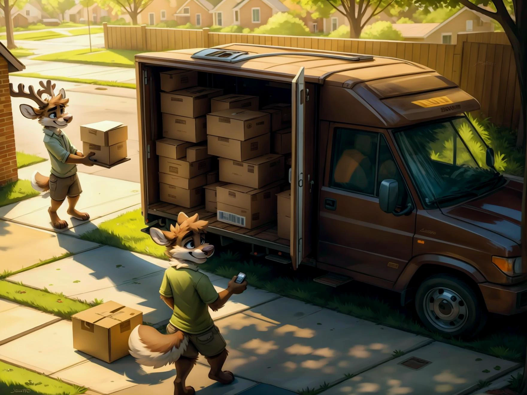 solo, Reindeer male wearing a brown UPS uniform, unloading boxes from a UPS truck, rear door track opened, brown mail truck, brown box in hands, looking at box, unamused, detailed, day time, blue sky, suburban neighborhood, street, road, sidewalk, grass, lawn, detailed background, <lora:Jacato:0.8> by jacarto, art by jacato , <lora:fluffyrock-quality-tags-v4:0.8> best quality, good quality, perfect eyes, perfect face,