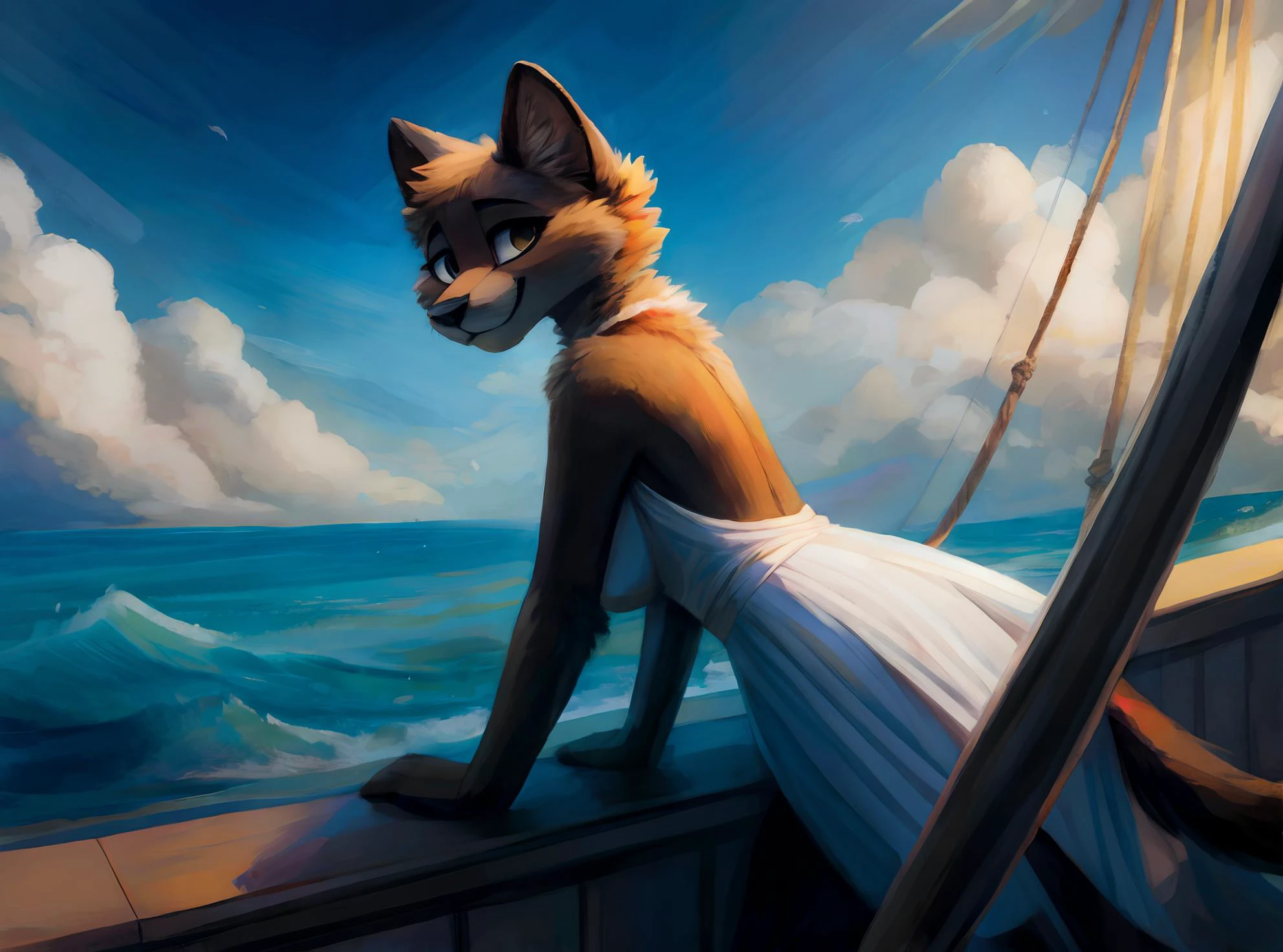ocean, sunny, day time, a luxury modern white sail boat, sail, wind, furry female panther, light brown fur, light white silky dress, breasts, feminine, holding on the rope, leaning off the side of the boat, looking into the distance, cinematic, scenic, detailed waves <lora:Jacato:0.6> jacota , by jacato, art by jacato , <lora:Furtastic_Detailer:0.4>