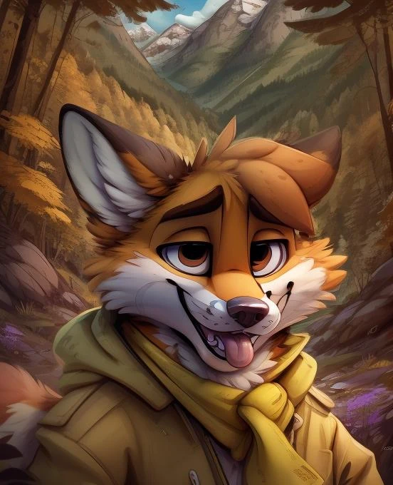 Furry, brown and orange fox, yellow scarf, green jacket, close up, looking at viewer, forest and mountains in background, detailed background, by jacarto, art by jacato <lora:Jacato:1> tongue sticking out