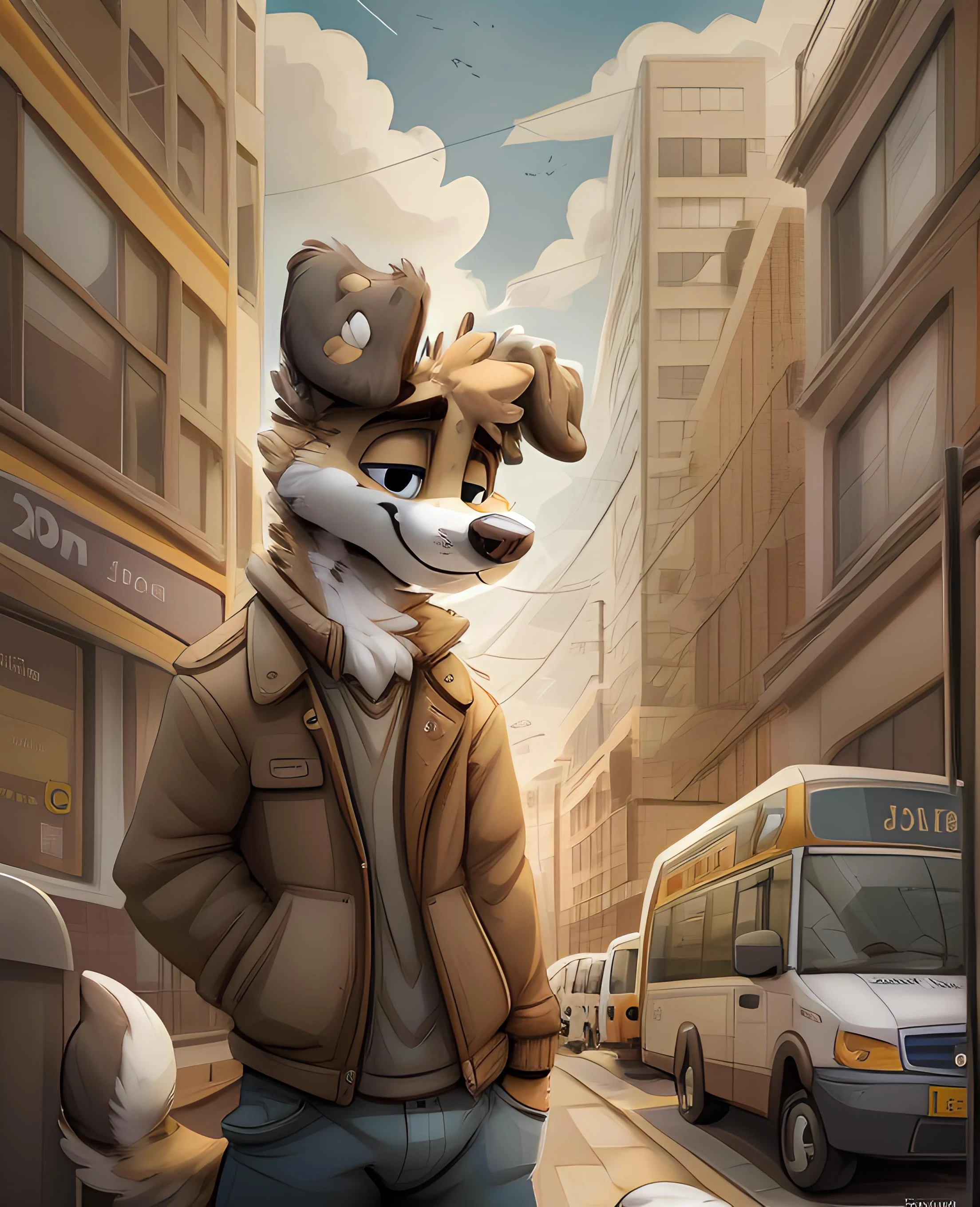 Furry, grey & white dog, wearing brown jacket and blue pants, close-up, looking at the sky, day time, city street, bus driving on the road, by jacarto, art by jacato <lora:Jacato:1>