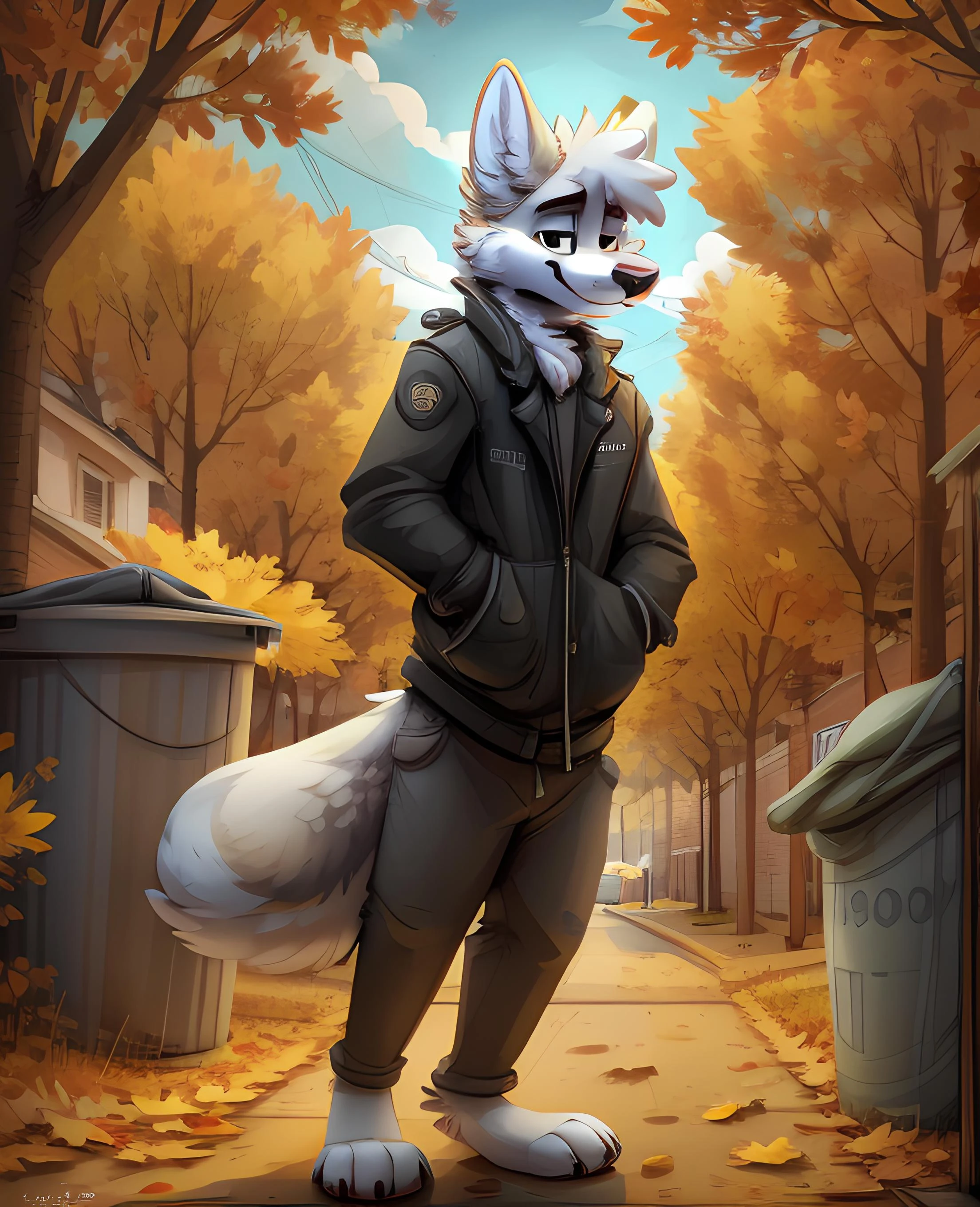 Furry, tall, white wolf, wearing a black jacket, putting a trash bag into a trash can, looking at viewer, suburban, detailed background, by jacarto, art by jacato <lora:Jacato:1> trees, fall season, yellow leaves