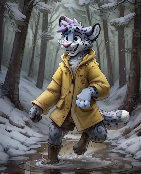 Furry, Snow Leopard, wearing a yellow raincoat and brown shorts and black boots, close-up, jumping in the puddles, happy expressive face, rainy, trees, day time, summer time, woods, by jacarto, art by jacato <lora:Jacato:1>