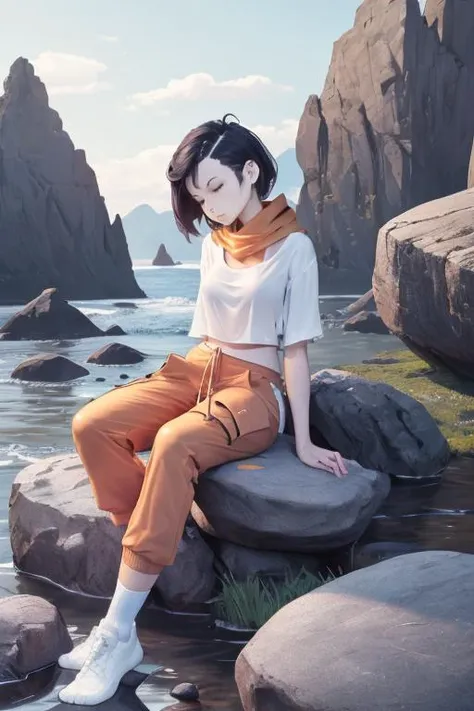 (masterpiece, best quality), 1girl, Pale blue Short Crop with Skin Fade, small breasts, Medium orange Draped cowl neck blouse with an abstract pattern. and Jogger-style cargo pants with a drawstring waist, socks, Sitting on a rock with legs crossed, looking peaceful.,  <lora:hotvr_style_v05:1>