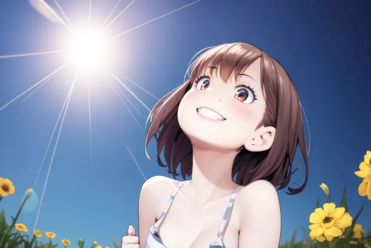 wide shot, solo, 1girl, looking up, smile, blush, flat chest, lens flare, Speedwell \(flower\), tundra <lora:HotVr_style_v04:1>
