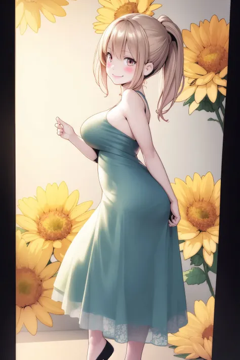 full body, solo, 1girl, looking to the side, smile, blush, medium breasts, backlighting, Chrysanthemum x morifolium \(flower\), floral background <lora:HotVr_style_v04:1>