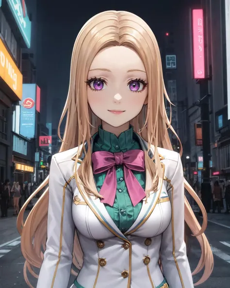 best quality, (masterpiece:1.2), illustration, absurdres,
(1girl), (solo), (beautiful detailed girl), (upper body, portrait),
<lora:Lucy-08:0.8>, blond hair, long hair, swept bangs, forehead, purple eyes, medium breasts,
white suit, green undershirt, green frills, white miniskirt, pink ribbon, black_pantyhose, high heels,
looking at viewer, smile,
city street, modern city, neon lights, night, (cyberpunk:0.8),,