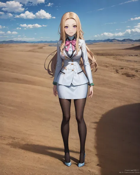 best quality, (masterpiece:1.2), illustration, absurdres,
(1girl), (solo), (beautiful detailed girl), full body,
<lora:Lucy-08:0.8>, blond hair, long hair, swept bangs, forehead, purple eyes, medium breasts,
white suit, green undershirt, green frills, white miniskirt, pink ribbon, black_pantyhose, high heels,
looking at viewer, smile,
desert, mesas, sun, sky,